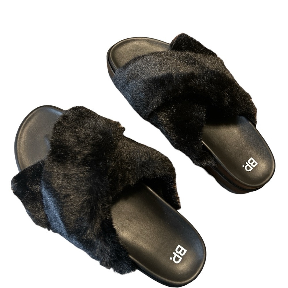 BP. Zoe Black Cross Band Faux Fur Slip On Slides Women's  Size 11 Luxurious Glam